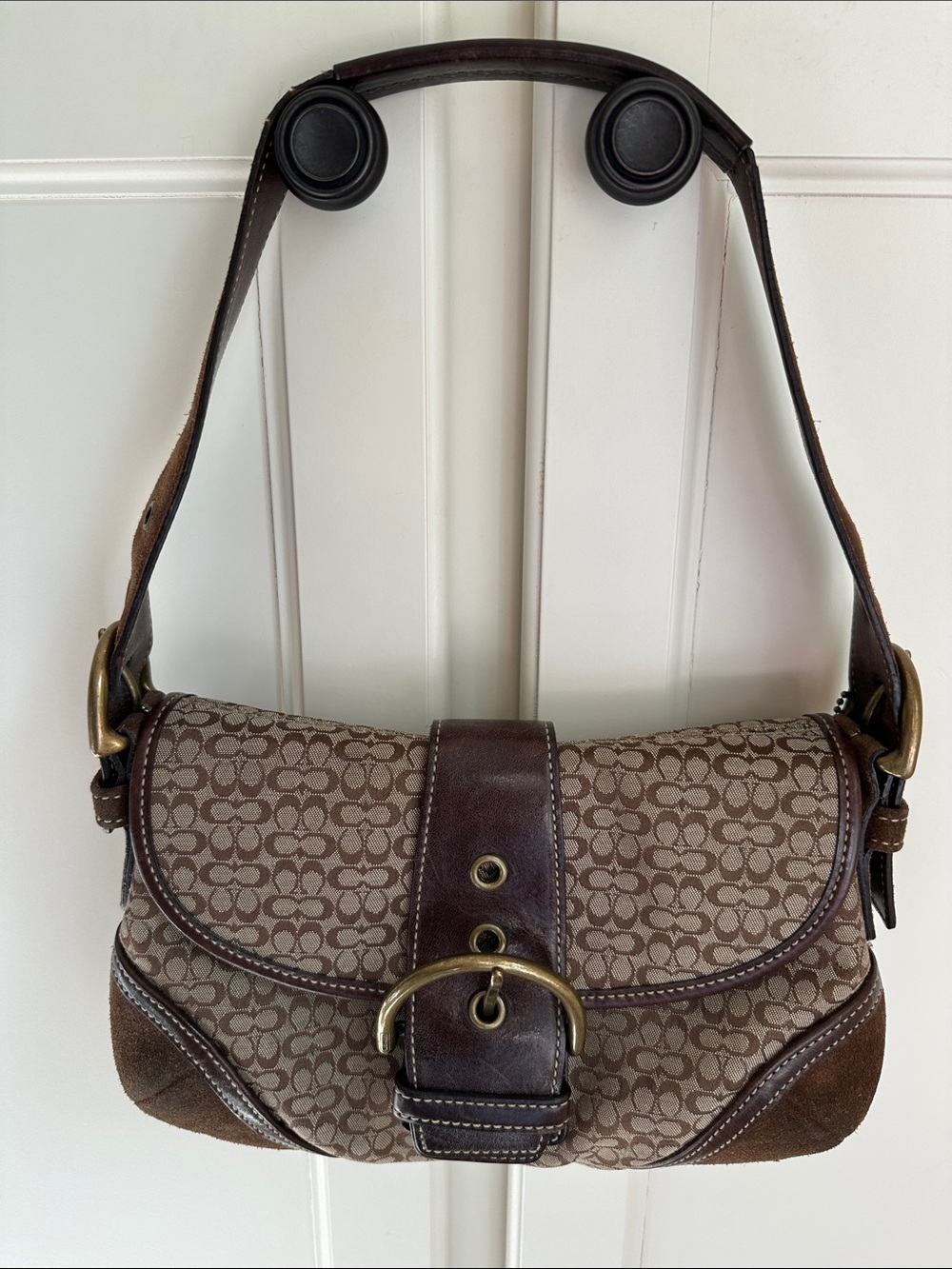 Coach Brown & Beige Signature Canvas Saddle Shoulder Bag